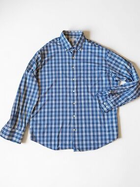 Peter Millar Performance Blue & White Plaid Check Button-Down Shirt Golfcore XL